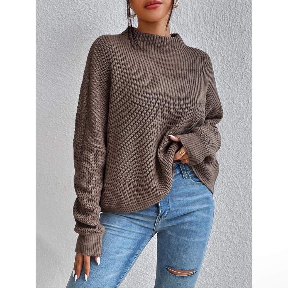 Casual Oversized Mock Neck Ribbed Knit Batwing Sleeve Sweater brown - Picture 5 of 6
